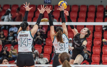 <p><strong>PVL CONFERENCE.</strong> Vanessa Gandler (No. 5) of Cignal tries to score against Andrea Marzan (No. 14) and Ysabel Jimenez (No. 3) of Galeries Tower in the Premier Volleyball League (PVL) All-Filipino Conference at the Philsports Arena in Pasig City on Feb. 27, 2025. The HD Spikers lost, 17-25, 22-25, 25-19, 19-25. <em>(PVL photo)</em></p>