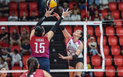 <p><strong>PRE-SEASON SPECTACLE. </strong>Ced Domingo of Akari (right) goes against Royse Tubino of Choco Mucho in the PVL All-Filipino Conference at the Philsports Arena in Pasig City on April 12, 2025. The Premier Volleyball League will hold a two-month Tour in various provinces starting in Vigan, Ilocos Sur on June 22, 2025. <em>(PVL photo) </em></p>