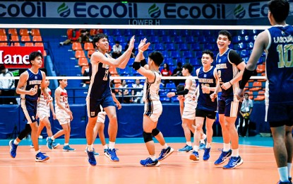 <p><strong>WHOOP IT UP</strong>. National University Nazareth School players celebrate after beating University of the East, 39-37, 26-24, 22-25, 25-21, in Game 1 of the UAAP Season 86 boys’ volleyball best-of-three championship series at the Filoil EcoOil Centre in San Juan City on Tuesday (Feb. 6, 2024). The Bullpups are eyeing their fifth title overall. <em>(UAAP photo)</em></p>