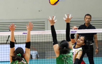 <p><strong>PNVF UPDATE</strong>. National University’s Diza Marie Berayo (white jersey) tries to score against two La Salle-Lipa defenders in the semifinal of the PNVF U18 Championships at the Rizal Memorial Sports Complex on Friday (April 26, 2024). The Lady Bullpups won, 25-19, 25-15, 25-23. <em>(PNVF photo) </em></p>