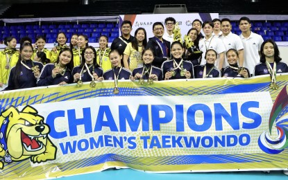 <p><strong>SEASON'S BEST.</strong> The National University women's team poses with other podium finishers in the UAAP Season 87 taekwondo tournament, which concluded at Rizal Memorial Coliseum in Manila on Thursday (Nov. 21, 2024). NU won the women's and high school titles.<strong> </strong><em>(UAAP photo) </em></p>