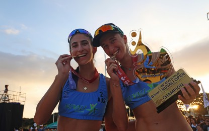 <p><strong>WINNING PAIR.</strong> Australians Stefanie Fejes (left) and Jana Milutinovic after winning the women's title in the Smart Asian Volleyball Confederation (AVC) Beach Tour Nuvali Open at the Nuvali Sand Courts by Ayala Land in Santa Rosa City, Laguna on April 8, 2024. They will compete in the Asian Senior Championships on November 5-10, 2024 in the same venue. <em>(PNVF photo)</em></p>
