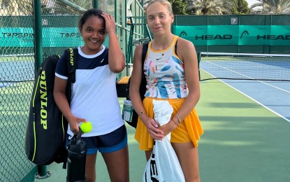<p><strong>UAE ITF JUNIORS. </strong>Filipino Tennielle Madis (left) poses with Russian partner Vlada Guryleva before their semifinal match in the 3rd UAE ITF Juniors at the TopSpin Sports Center in Dubai, United Arab Emirates on Friday (Jan. 24, 2025). They prevailed over fourth seeds Anastasia Efremova and Alena Kharchenko of Russia, 6-4, 6-3. <em>(Contributed photo/Robert Angelo) </em></p>