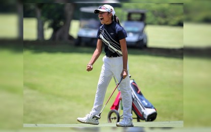 <p><strong>AIM FOR VICTORY.</strong> Eliana Dumalaog reacts after making a shot during the girls' 10-12 category finals of the ICTSI Junior PGT Mindanao Series 4 at the Pueblo de Oro Golf and Country Club in Cagayan de Oro on Tuesday (Aug. 13, 2024). She needed two extra holes to secure the win. <em>(Contributed photo) </em></p>