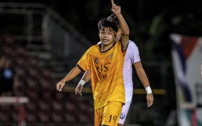 <p><strong>UST WIN.</strong> UST's Jan Patrick Baito gestures during the match against Adamson University in the UAAP Season 87 men's football tournament at the UP Diliman Football Stadium on Sunday (Oct. 13, 2024). Baito carried the Golden Booters to victory with a free kick in the 67th minute. <em>(UAAP photo)</em></p>