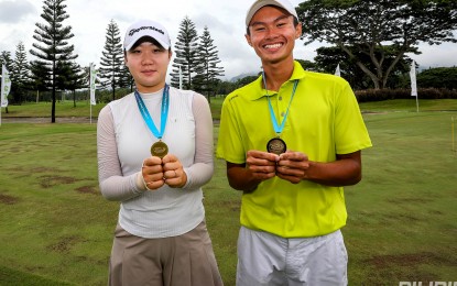 <p><strong>CHAMPIONS.</strong> Korean Yunju An (left) and Filipino John Paul Agustin Jr. rule their respective divisions in the ICTSI Junior PGT Series 6 at Mount Malarayat Golf and Country Club in Lipa City, Batangas on Wednesday (Sept. 4, 2024). Both earned ranking points to boost their bids for spots in the Match Play Championship next month. <em>(Contributed photo) </em></p>