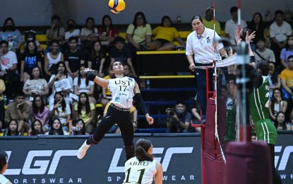 <p><strong>BIG LEAP.</strong> UST's Angeline Poyos (No. 17) prepares to hit the ball during their game against College of Saint Benilde in the V-League Women's Collegiate Challenge at Paco Arena in Manila on Sunday (Aug. 25, 2024). The Golden Tigresses won, 25-16, 19-25, 14-25, 25-22, 15-12. <em>(Photo courtesy of PVL)</em></p>