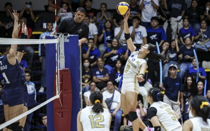 <p><strong>GIRLS VOLLEYBALL. </strong>Harlyn Serneche of National University Nazareth School (right) prepares to spike during the game against Adamson University on Oct. 2, 2024. Serneche scored 16 points to lead NUNS to a 25-21, 25-17, 25-20 victory over Far Eastern University-Diliman Wednesday (Nov. 13, 2024) in the UAAP Season 87 girls' volleyball tournament at the Paco Arena in Manila. <em>(UAAP photo) </em></p>
