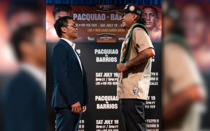 <p><strong>LEGEND VS. CHAMP</strong>. Filipino eight-division world champion Manny Pacquiao (left) and Mexican-American Mario Barrios face off for the first time during the kickoff press conference of their two-city promotional tour in Las Vegas, Nevada, USA on Sunday (June 1, 2025). Pacquiao will come out of retirement to challenge Barrios' WBC welterweight title on July 19.<em> (Premiere Boxing Champions/Facebook)</em></p>