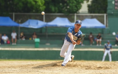<p><strong>BRILLIANT PITCHER.</strong> National University's Jherick Timban in action during the game against Ateneo de Manila University in the UAAP Season 87 baseball tournament at Rizal Memorial Baseball Stadium in Malate, Manila on Sunday (April 13, 2025). The Bulldogs won, 7-2. <em>(UAAP photo)</em></p>
