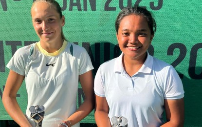 <p><strong>TRIUMPHANT.</strong> Filipino Tennielle Madis (right) and Russian partner Vlada Guryleva during the awarding ceremony of the 3rd UAE ITF Juniors at TopSpin Sports Center in Dubai on Saturday (Jan. 25, 2025). They beat second seeds Pavla Sviglerova of Czech Republic and Inka Wawrzkiewicz of Poland, 6-4, 6-4, in the girls' doubles final. <em>(Contributed photo/Robert Angelo)</em></p> <p> </p>